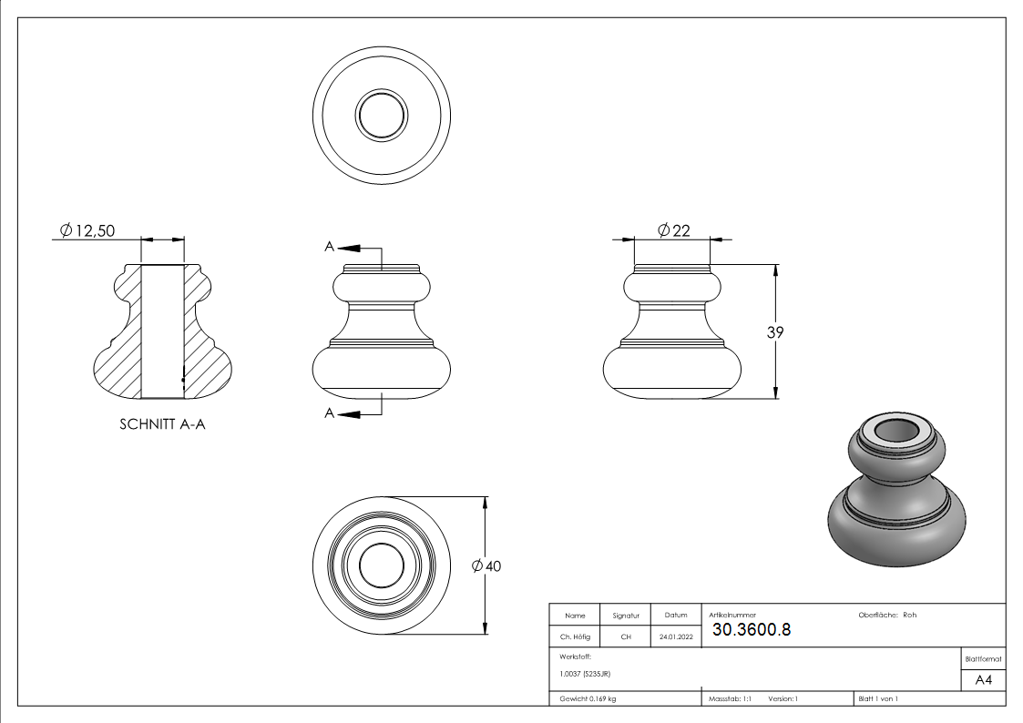 Zierhuelse - Masse- 40x39 mm - Lochung- Ø 12-5 mm - Stahl S235JR- roh-30-3600.8
