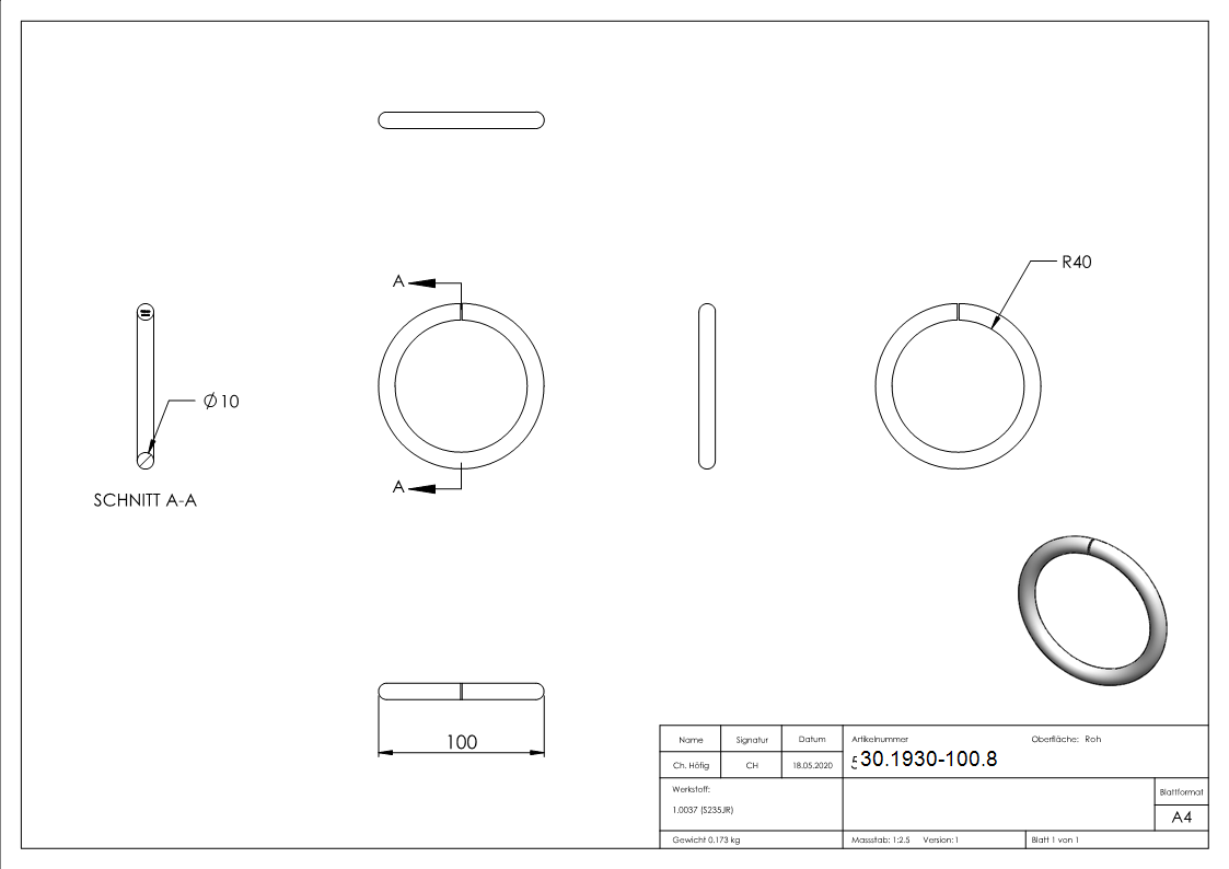 Ring - Material- 10 mm - Aussen-Ø 100 mm - Stahl S235JR- roh-30-1930-100.8