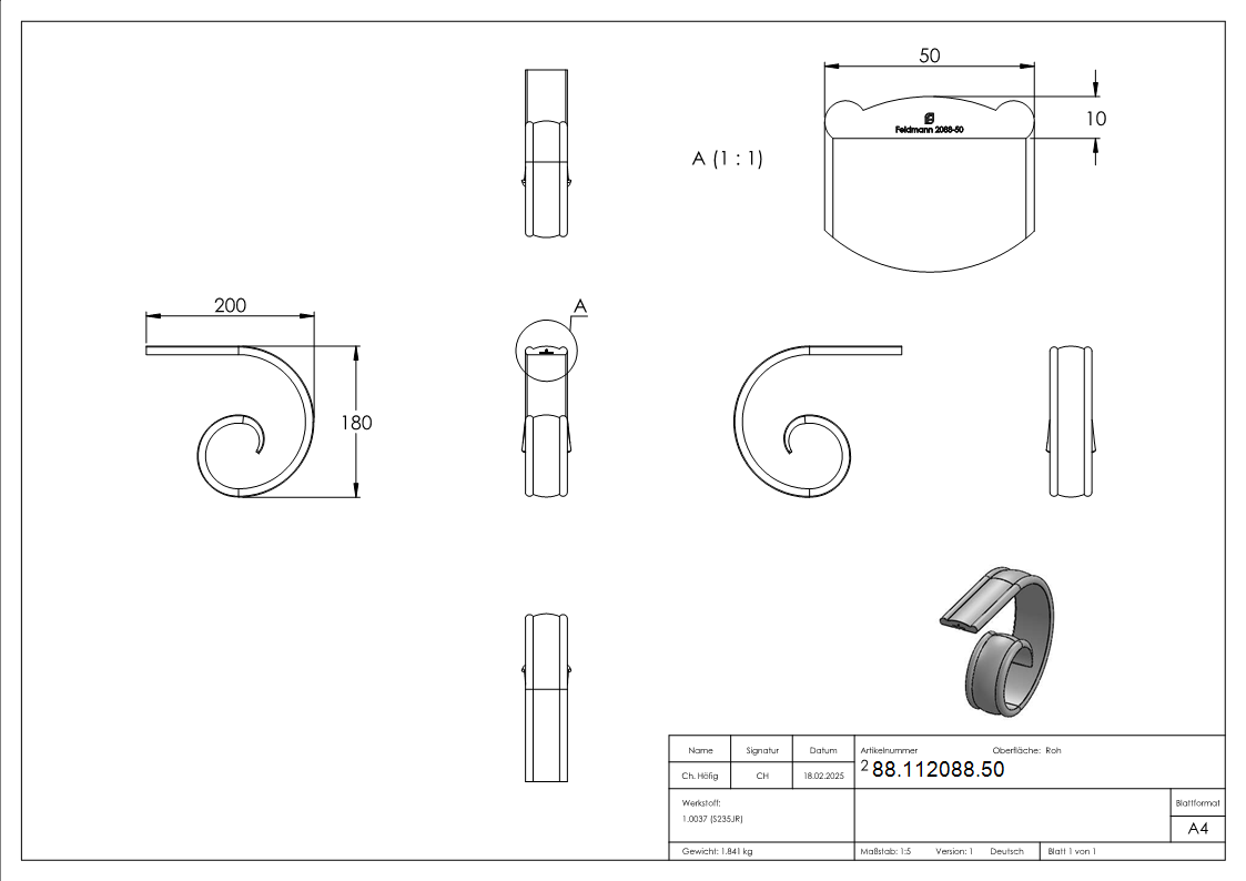 Handlaufanfaenger gerollt passend zu Profil 88-11114-A-6 Stahl roh-88-112088.50