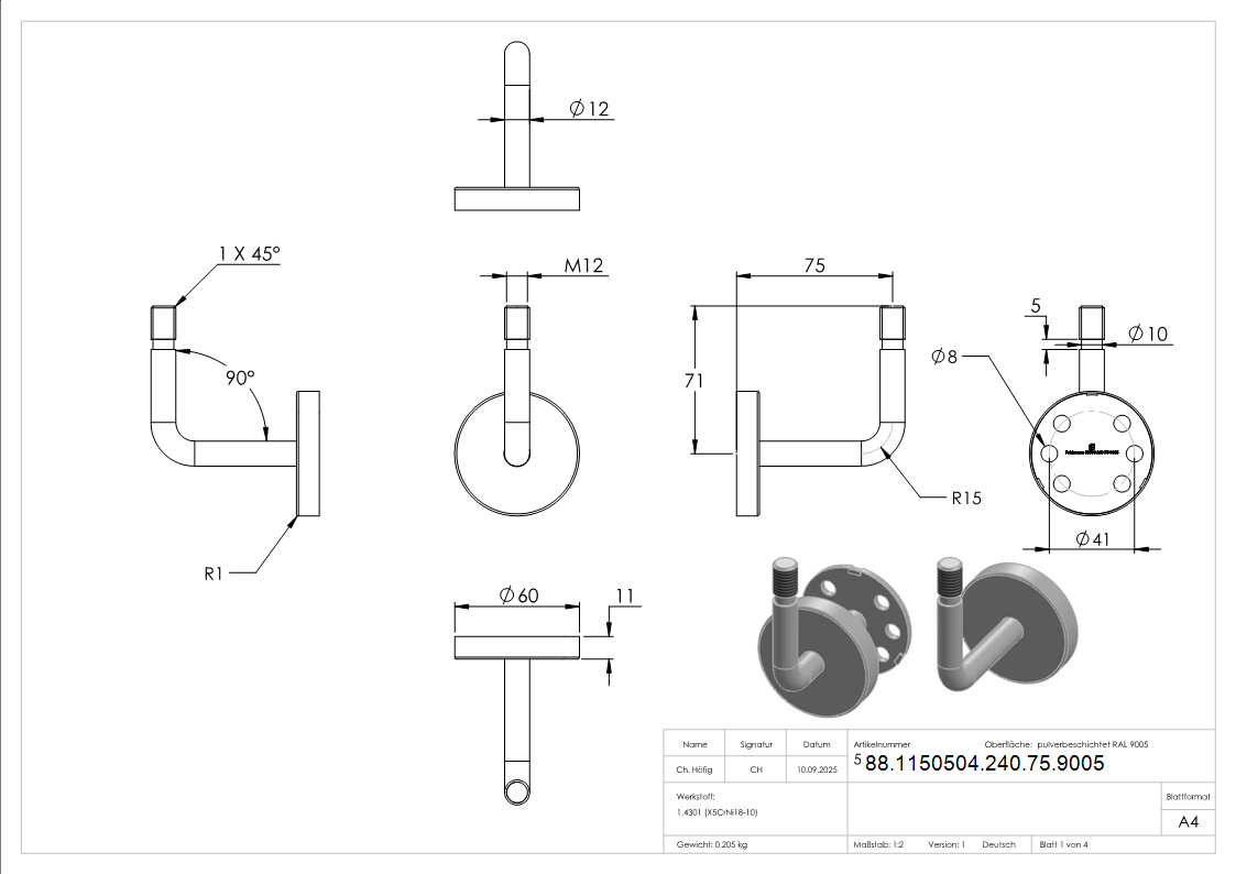 Handlaufhalter Aussengewinde inkl- Abdeckrosette -Ronde und Buegel verschweisst- V2A RAL 9005 matt-88-1150504-240-75.9005