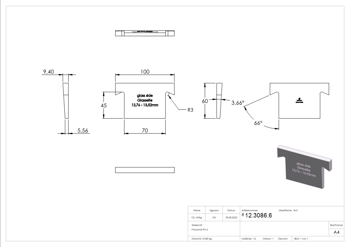 Keil - fuer Aluprofil - fuer Glas 12-76-13-52 mm-12-3086.6