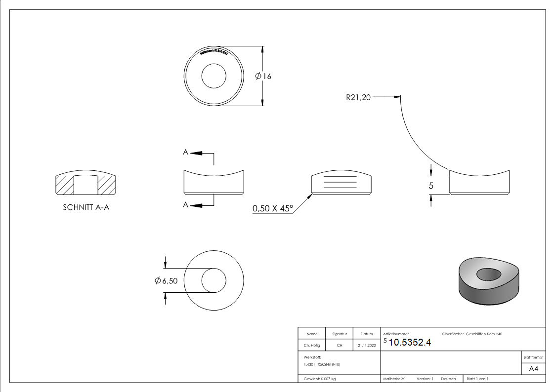 Ausgleichsstueck Ø 16 mm  fuer Rundrohr Ø 42-4 mm V2A-10-5352.4