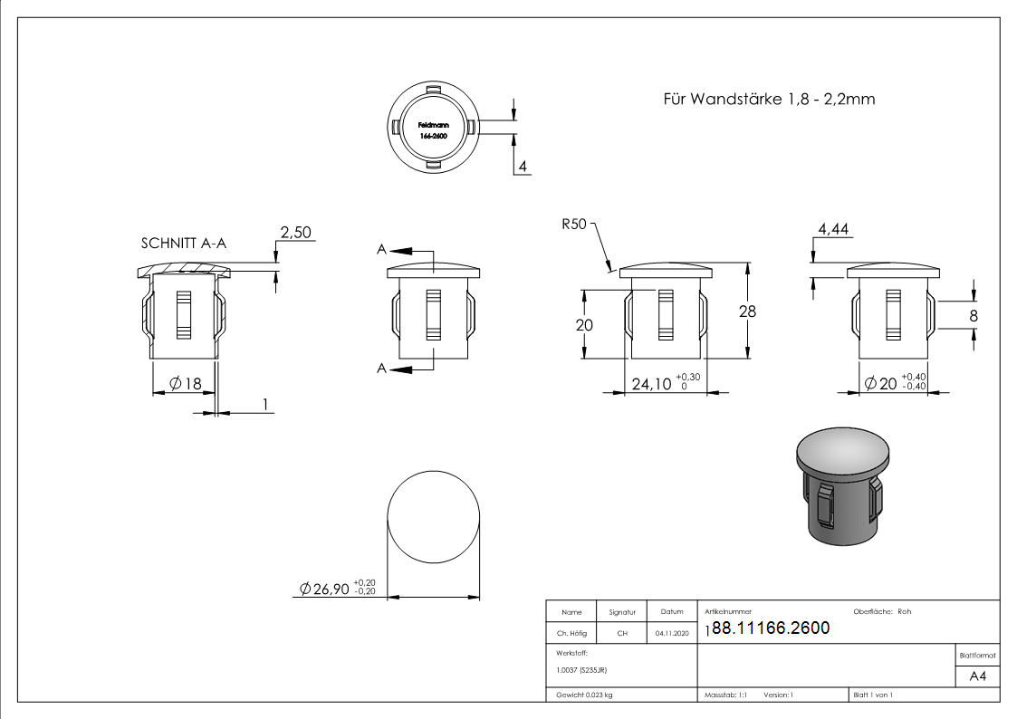 Einschlagkappe Stahl roh fuer Rohr Ø 26-9 mm- Wandstaerke 1-8-2-2 mm- gewoelbt-88-11166.2600