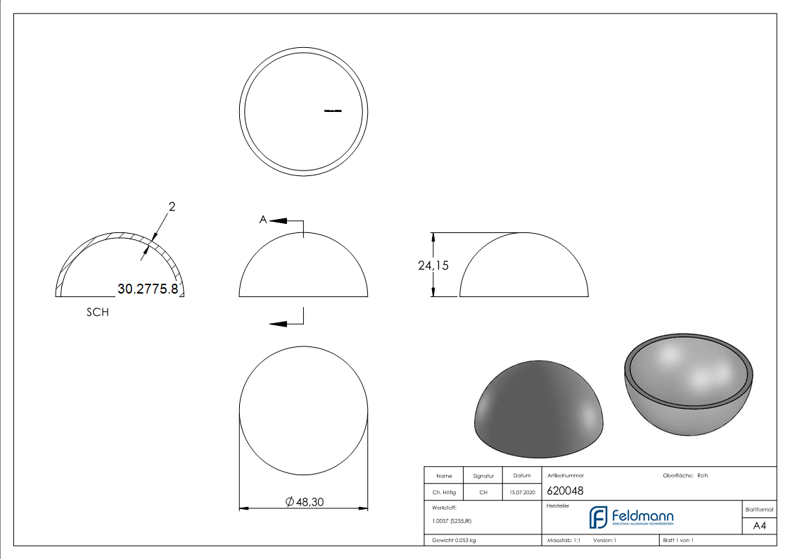 Halbhohlkugel Ø 48 mm - glatt - Stahl S235JR- roh-30-2775.8