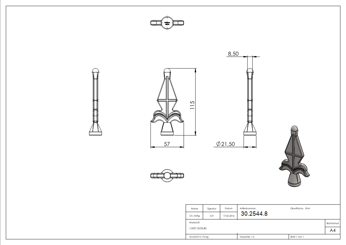 Zaunspitze - Hoehe- 115 mm - Material- Ø 21-5 mm - Stahl S235JR- roh-30-2544.8