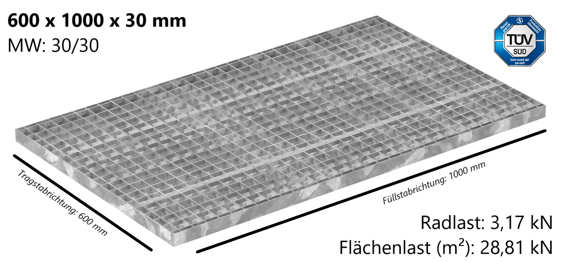 Industrie-Gitterrost - Masse- 600x1000x30 mm; MW 30-30 mm; 30-2 mm - S235JR -St37-2- im Vollbad feuerverzinkt-21-6010030302.7