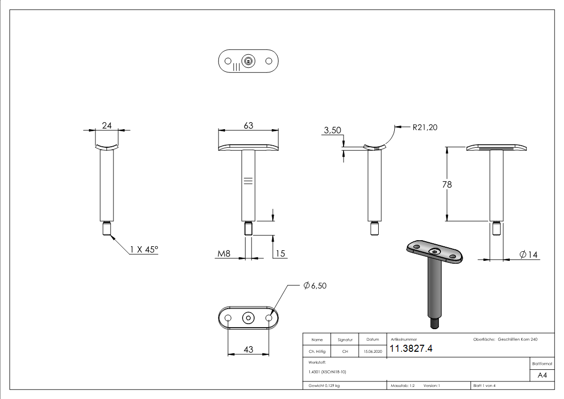 Edelstahl Traegerstift Ø 14 mm mit Halteplatte Anschluss- 42-4 mm - Aussengewinde M8 - V2A-11-3827.4