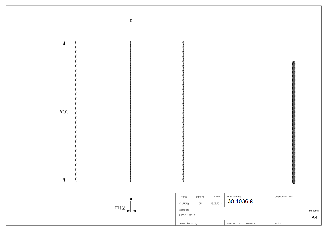 Zwischenstab - Laenge- 900 mm - Material- 12x12 mm - gehaemmert - Stahl S235JR- roh-30-1036.8