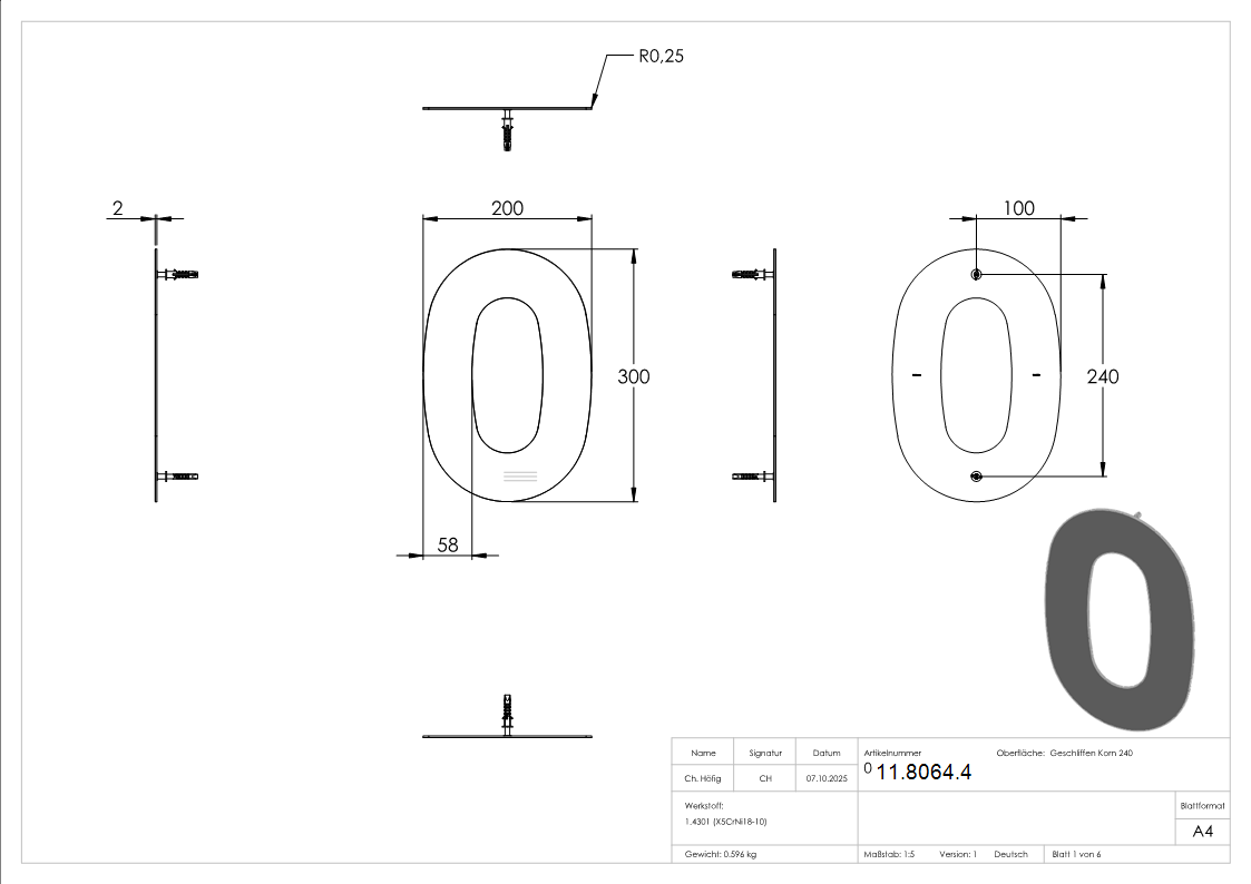 Hausnummer 0 - gross - Masse- 200 mm x 300 mm - V2A-11-8064.4