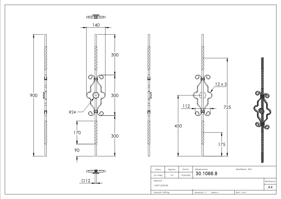 Zierstab - Laenge- 900 mm - Material- 12x12 mm - glatt - Stahl -Roh- S235JR-30-1066.8