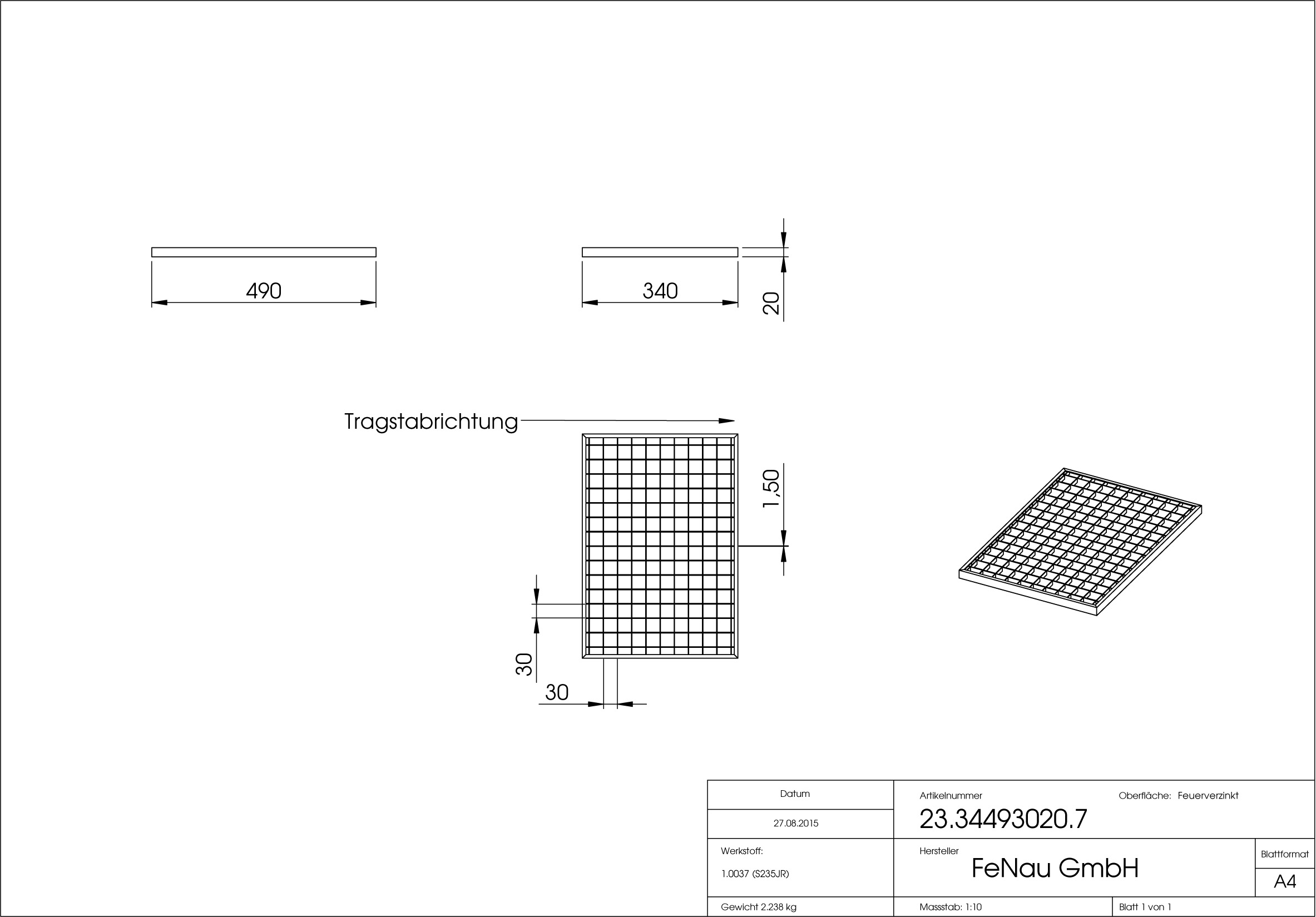 Lichtschachtrost Baunormrost - Masse-  340x490x20 mm 30-30 mm - aus S235JR -St37-2- im Vollbad feuerverzinkt-23-34493020.7