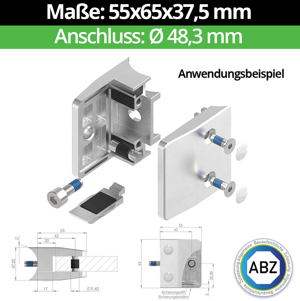 Glasklemme AbZ 55x65x37-5 mm  Ø 48-3 mm- fuer 13-52 mm VSG Glas- Nein - Ohne Sicherungsstift- Nein - Ohne Sicherungsboden-10-MODELL35-48-15-1.1