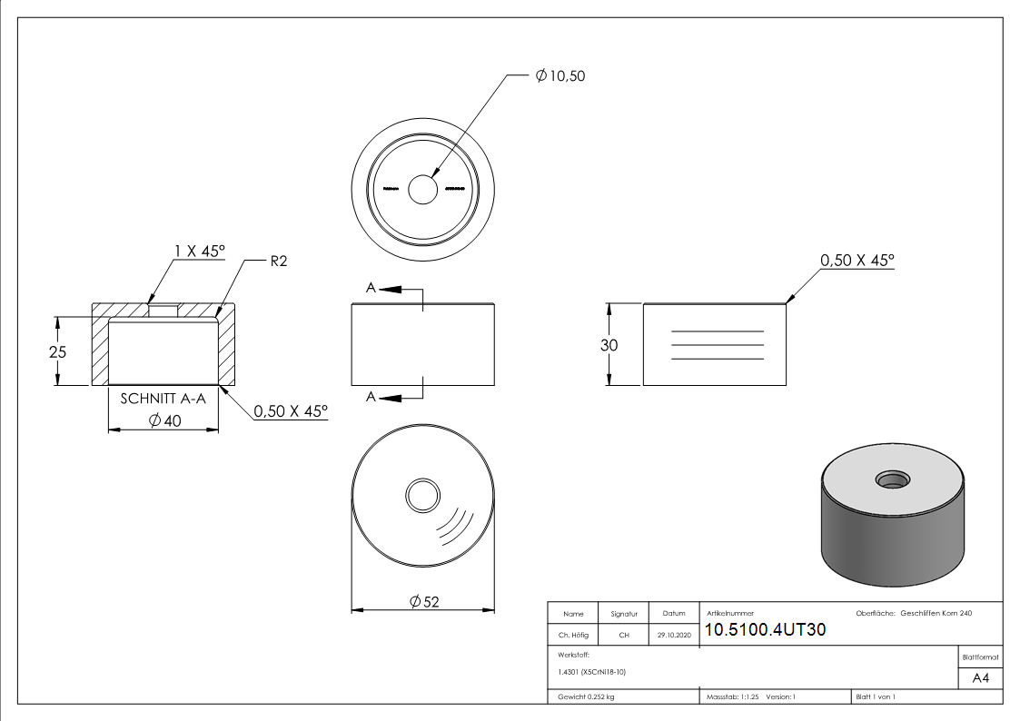 Glaspunkthalter-Unterteil Ø 52 mm- V2A- Hoehe- 30 mm-10-5100.4UT30