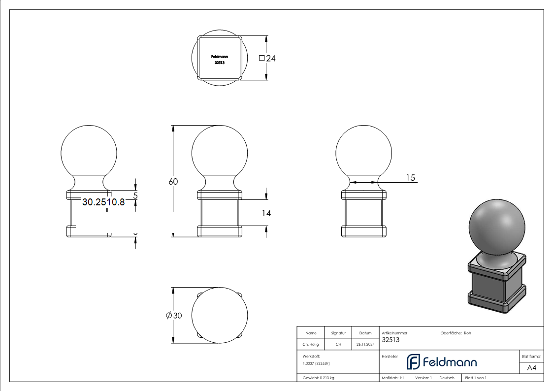 Zaunspitze 24x24 mm Hoehe 60 mm - Stahl S235JR- roh-30-2510.8
