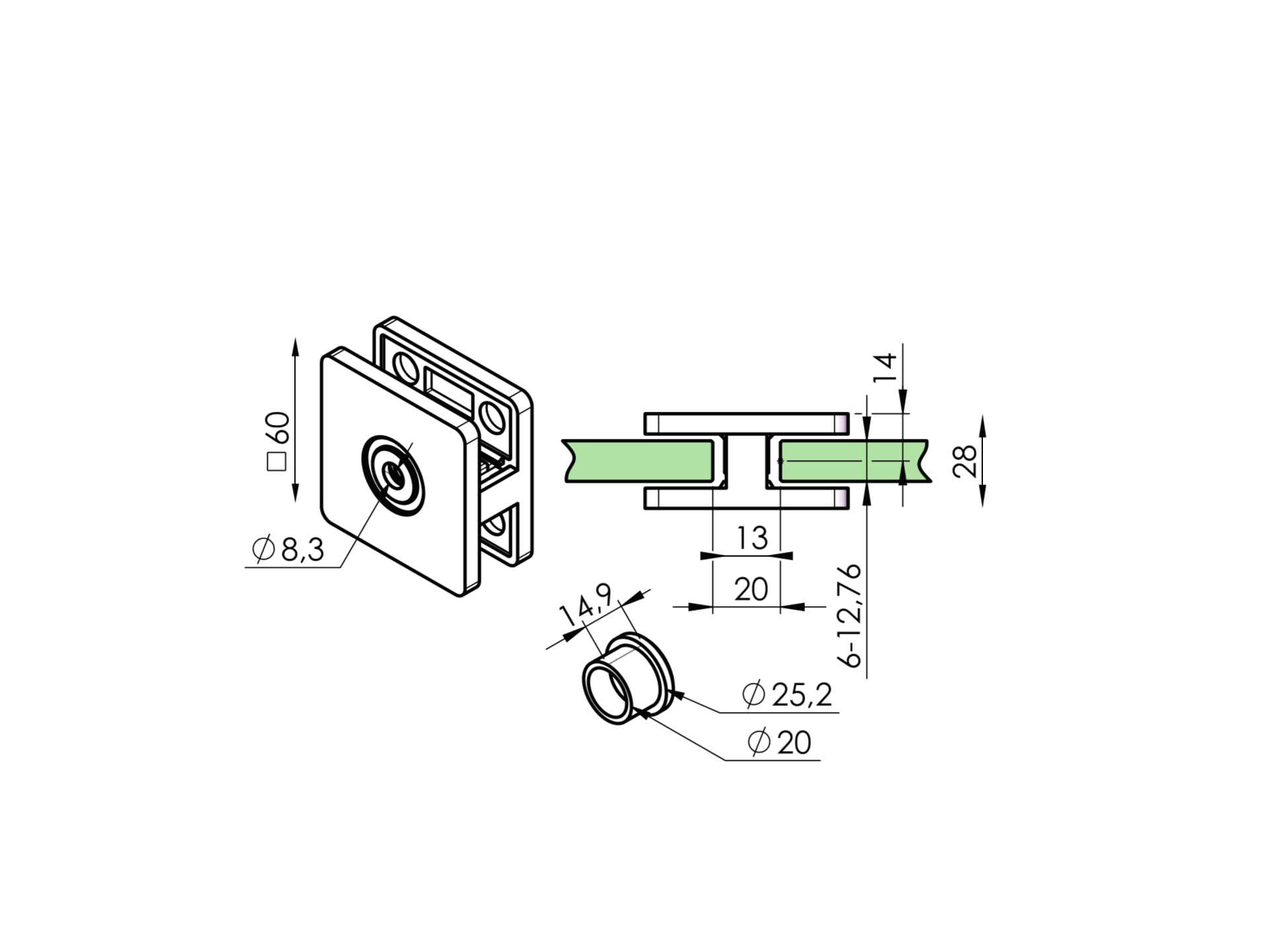 Glasklemme Edelstahl AISI 316 fuer Glas 6-12-76 mm Glanz winkelverstellbar flach-89-11A142100700L-A.4