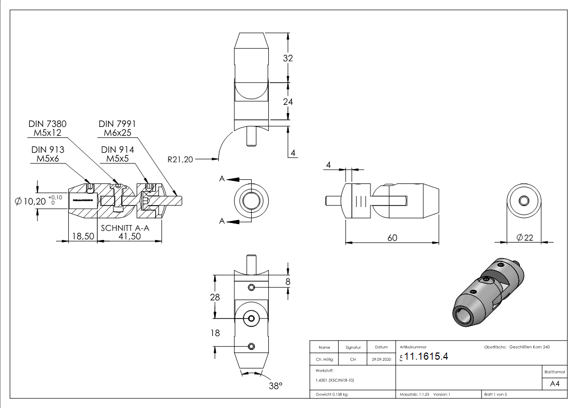 Querstabhalter V2A Edelstahl mit Gelenk – Anschluss 42-4 mm fuer Rundstaebe 10 mm inkl- Schrauben-11-1615.4