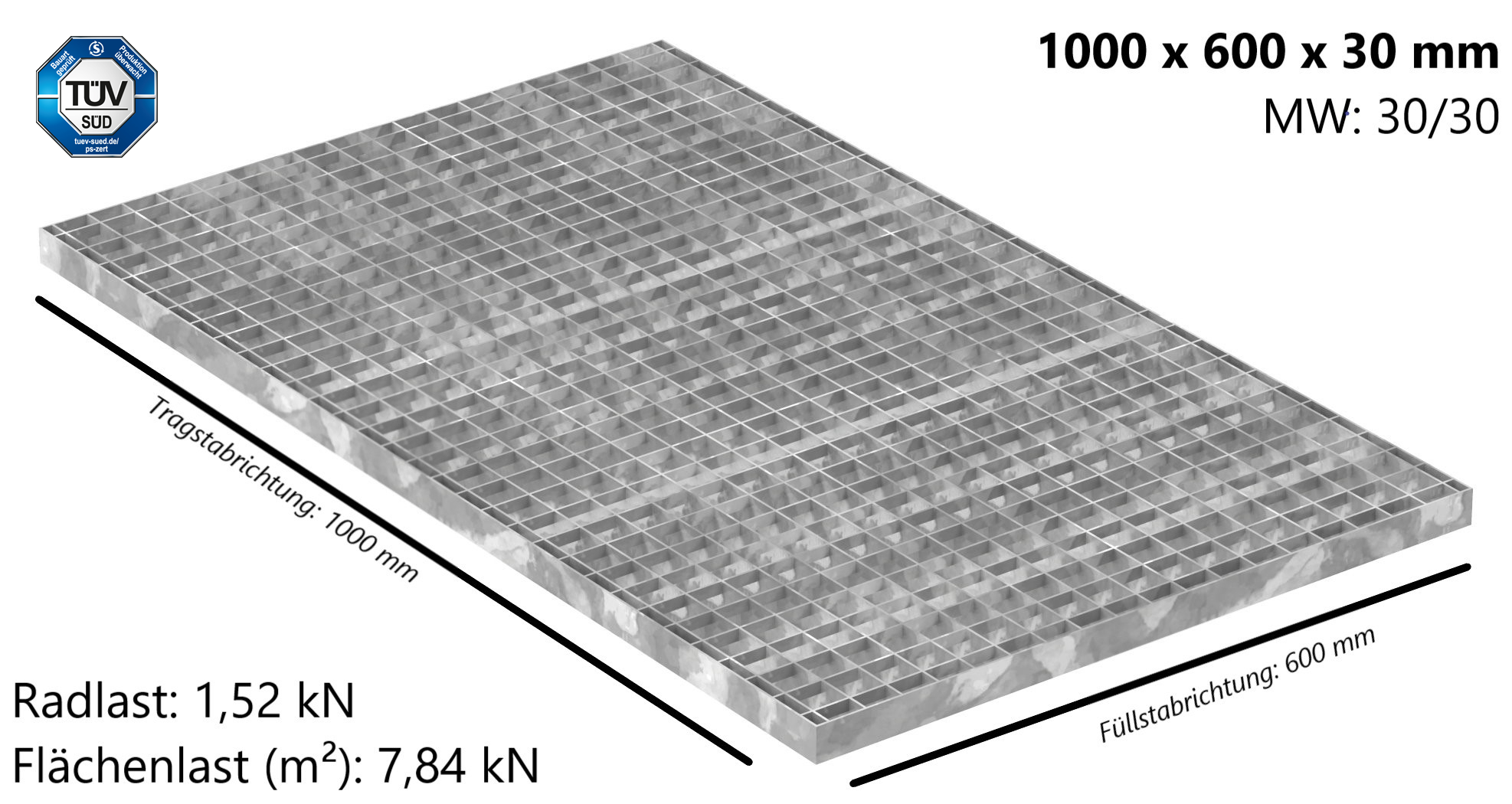 Industrie-Gitterrost - Masse- 1000x600x30 mm; MW 30-30 mm; 30-2 mm - S235JR -St37-2- im Vollbad feuerverzinkt-21-1006030302.7