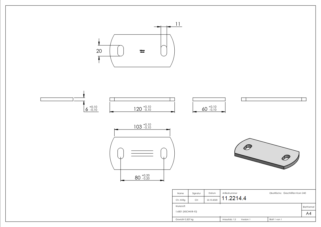 Ankerplatte Masse- 120 x 60 x 6 mm mit Langlochbohrung V2A-11-2214.4