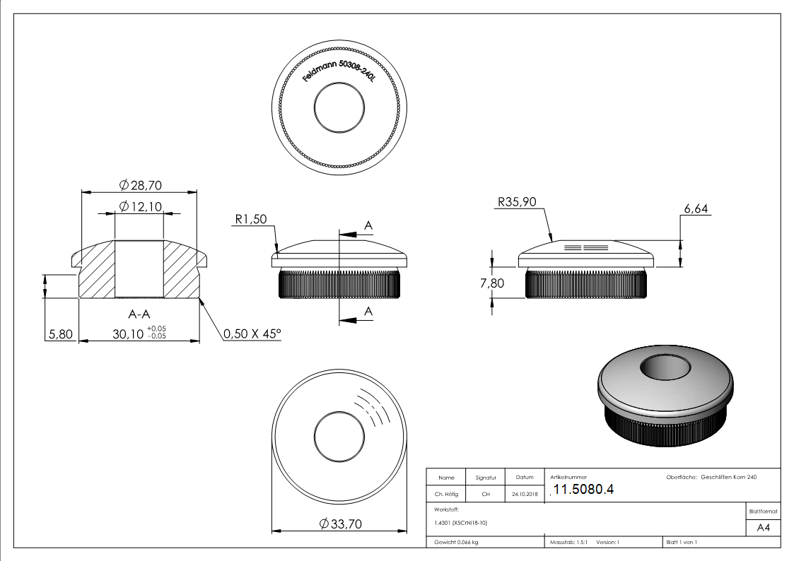 Rohrstopfen fuer Ø 33-7x2-0 mm leicht gewoelbt zum Einschlagen mit Bohrung 12-1 mm V2A-11-5080.4