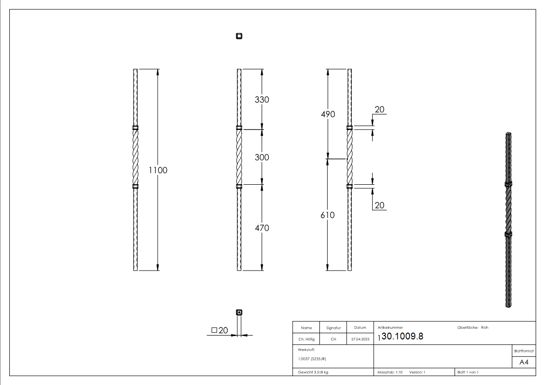 Anfangsstab - Laenge- 1100 mm - Material- 20x20 mm - Stahl S235JR- roh-30-1009.8