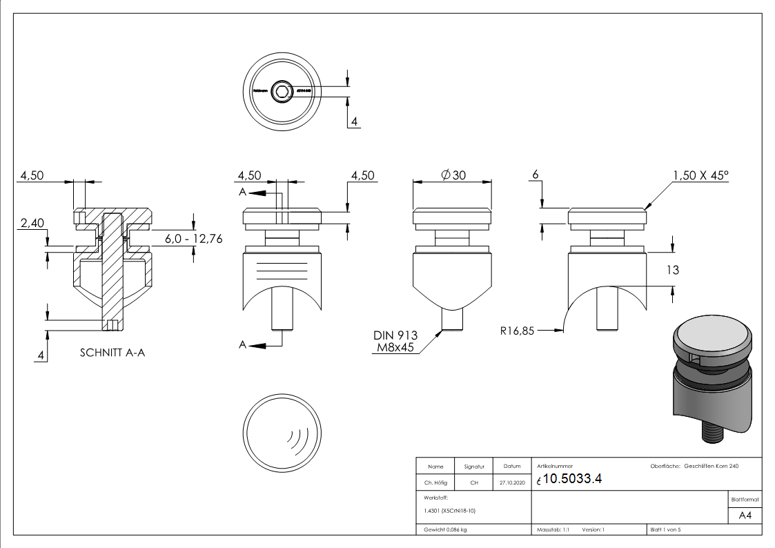 Glaspunkthalter Ø 30 mm- V2A- Anschluss- Rohr Ø 33-7 mm-10-5033.4