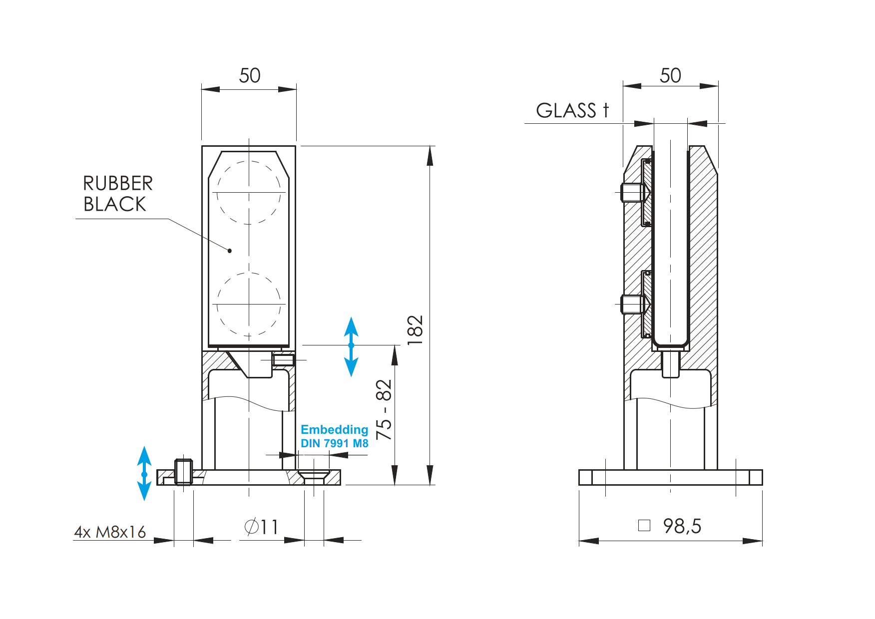 Glaszapfen Edelstahl AISI 316 geschliffen fuer Glas 12-17-52 mm Bodenmontage verstellbar-89-11A146210000-A.4