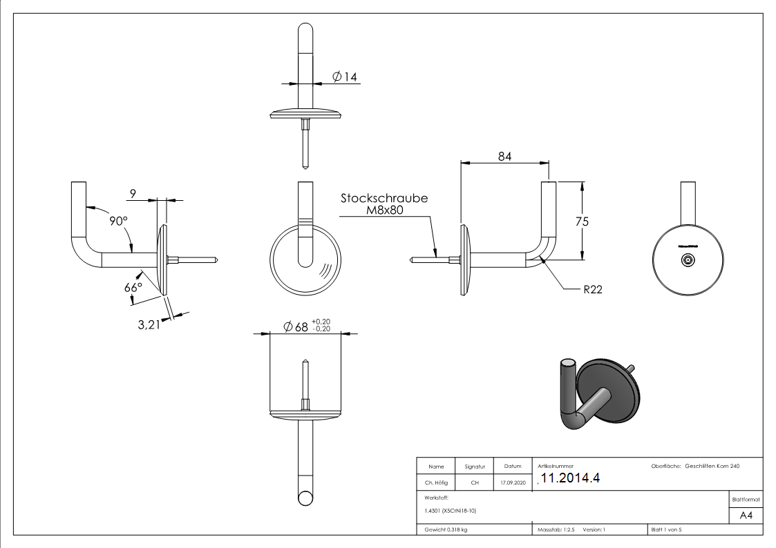 Handlaufhalter mit Ronde 70x5 mm zum Anschweissen V2A-11-2014.4