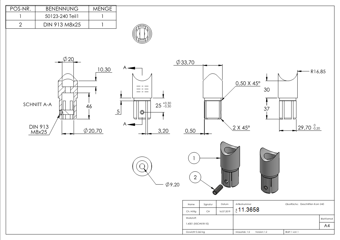 Anschlussstueck 90° fuer Rundrohr Ø 33-7x2-0 mm V2A-11.3658