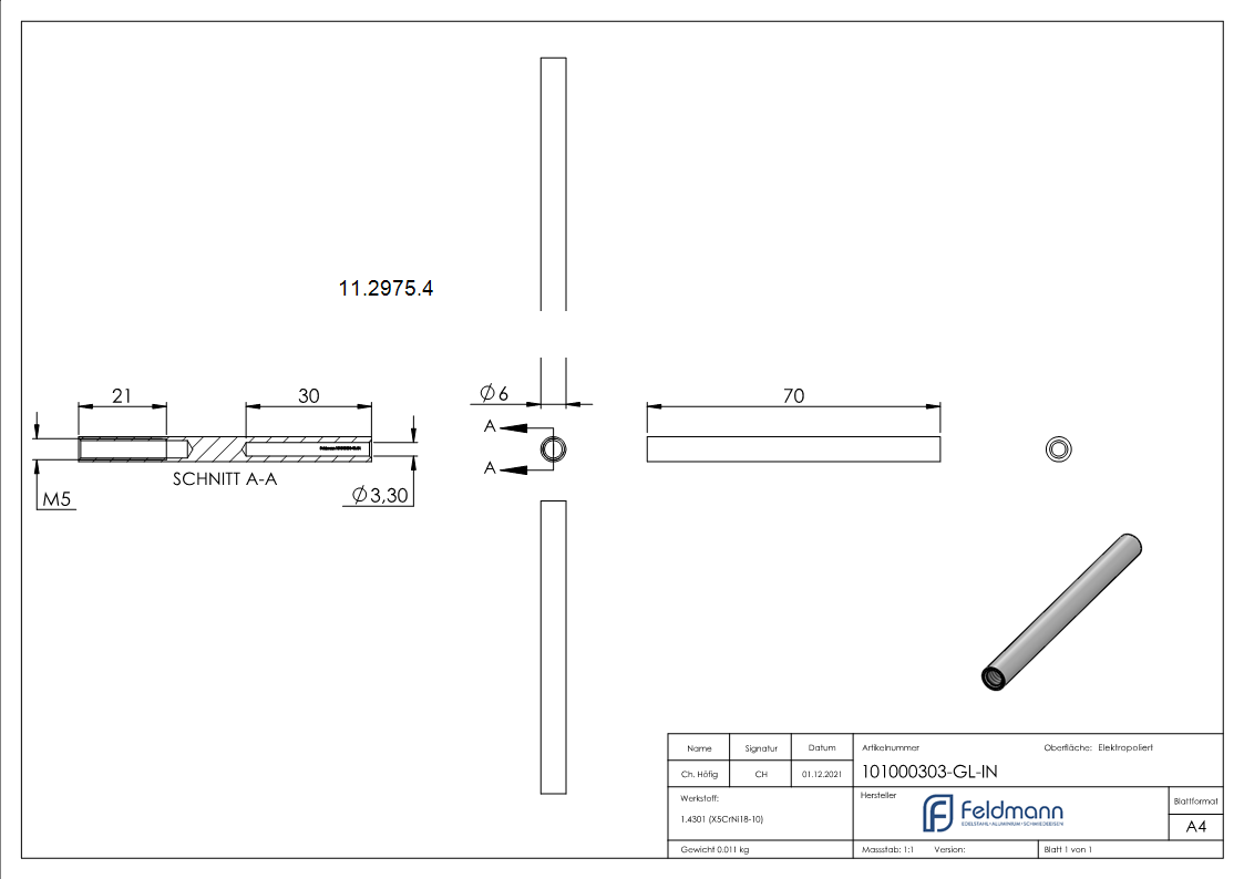 Gewindeterminal mit Innengewinde - Linksgewinde - Fuer Seil von Ø 3 mm -V2A-11-2975.4