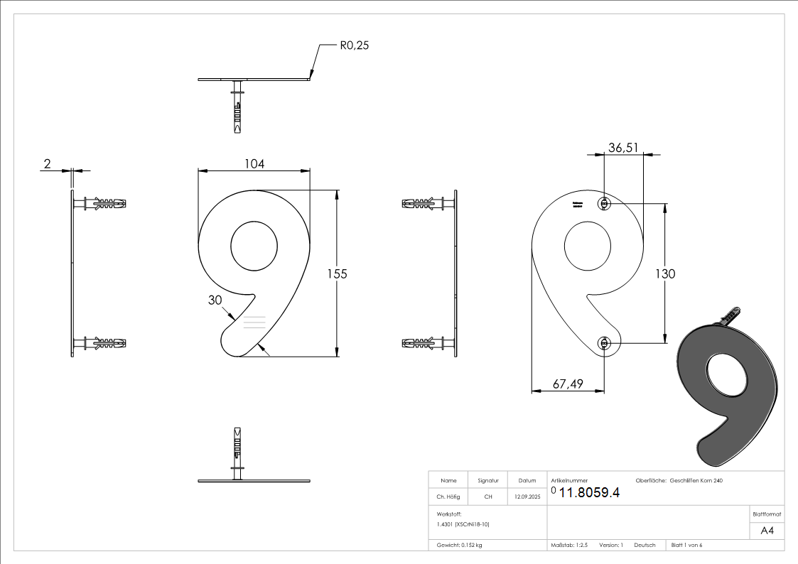Hausnummer 9 - klein - Masse- 110 mm x 150 mm - V2A-11-8059.4