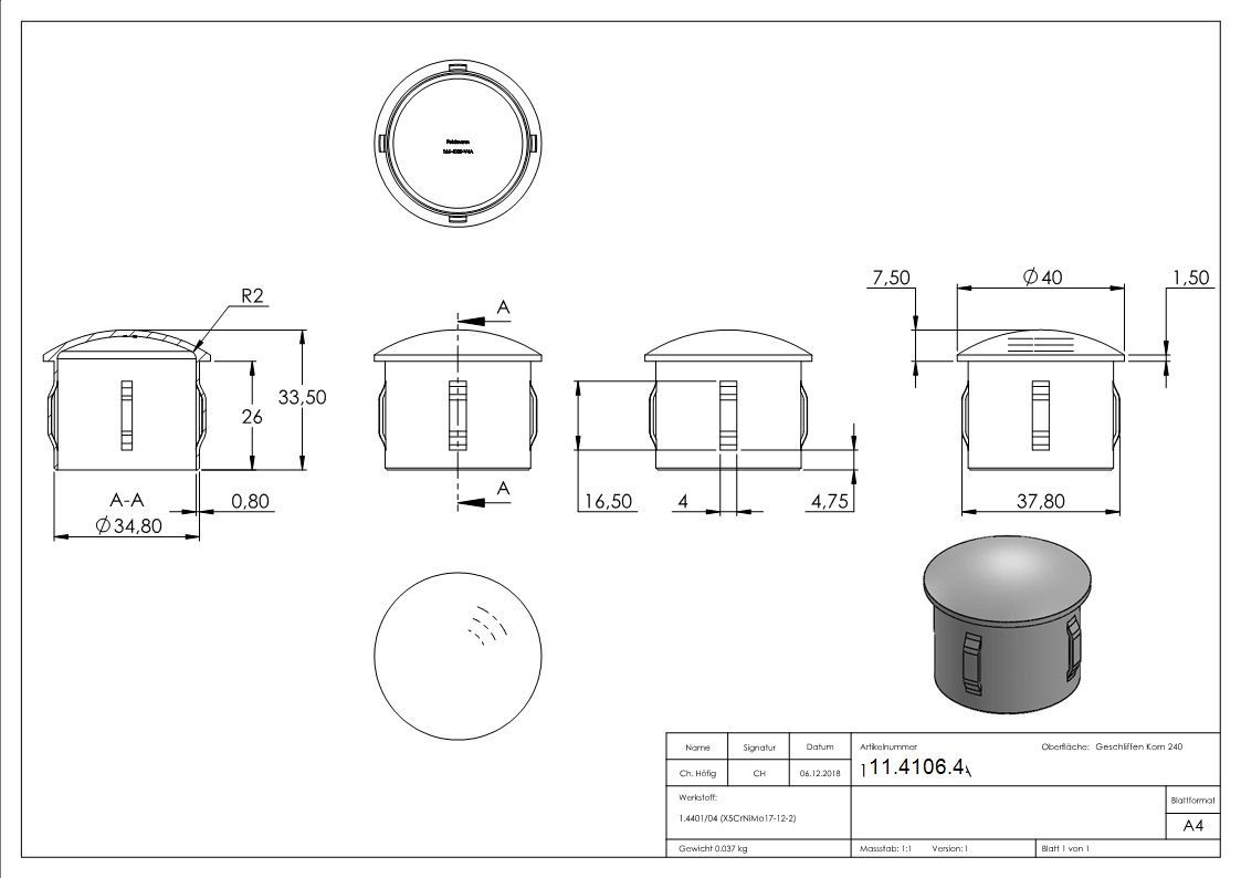 Rohrstopfen fuer Ø 40-0x2-0-2-6 mm leicht gewoelbt zum Einschlagen V2A-11-4106.4