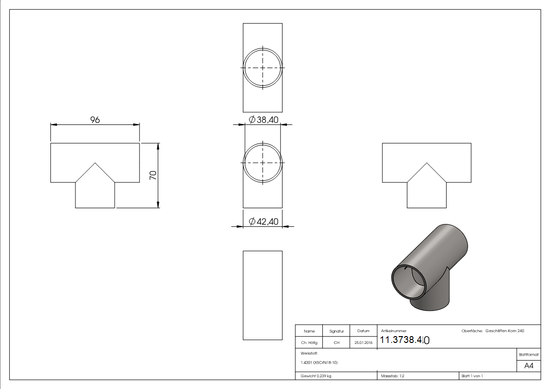 T-Stueck zum Schweissen fuer Rundrohr- Ø 42-4 mm V2A-11-3738.4