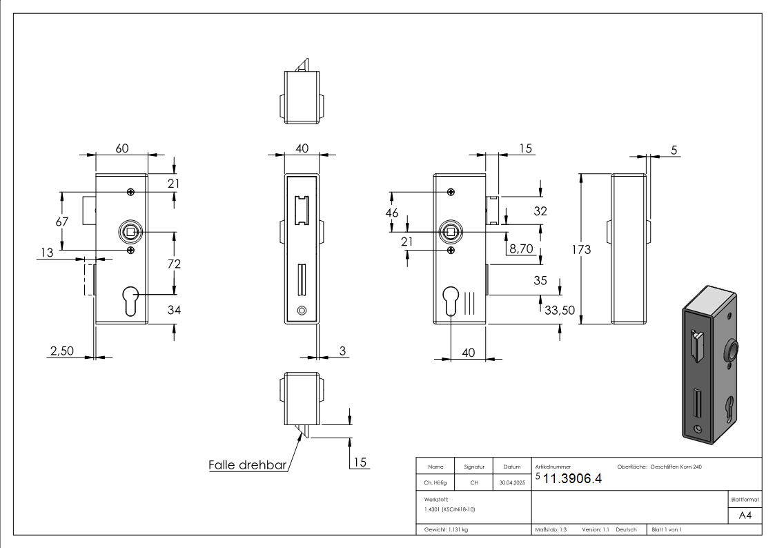 Schlosskasten 40x60x173 mm V2A-11-3906.4