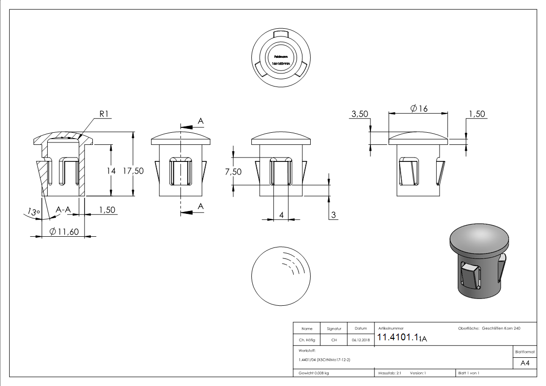 Einsteckkappe Edelstahl V4A fuer Rohr Ø 16 mm- Wandstaerke 1-0-2-0 mm- leicht gewoelbt-11-4101.1
