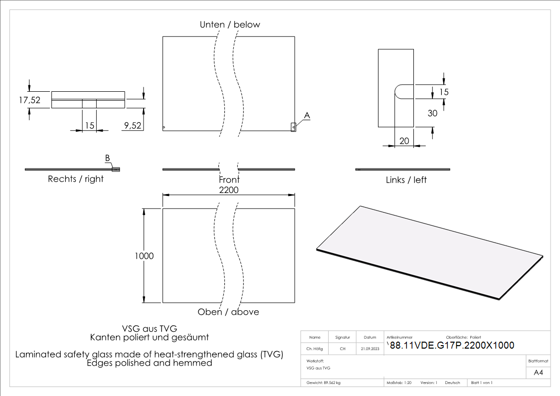 Eleganza canopy Glas- 2200x1000mm VSG aus 2x8mm TVG mit 1-52mm PVB-88-11VDE-G17P.2200X1000