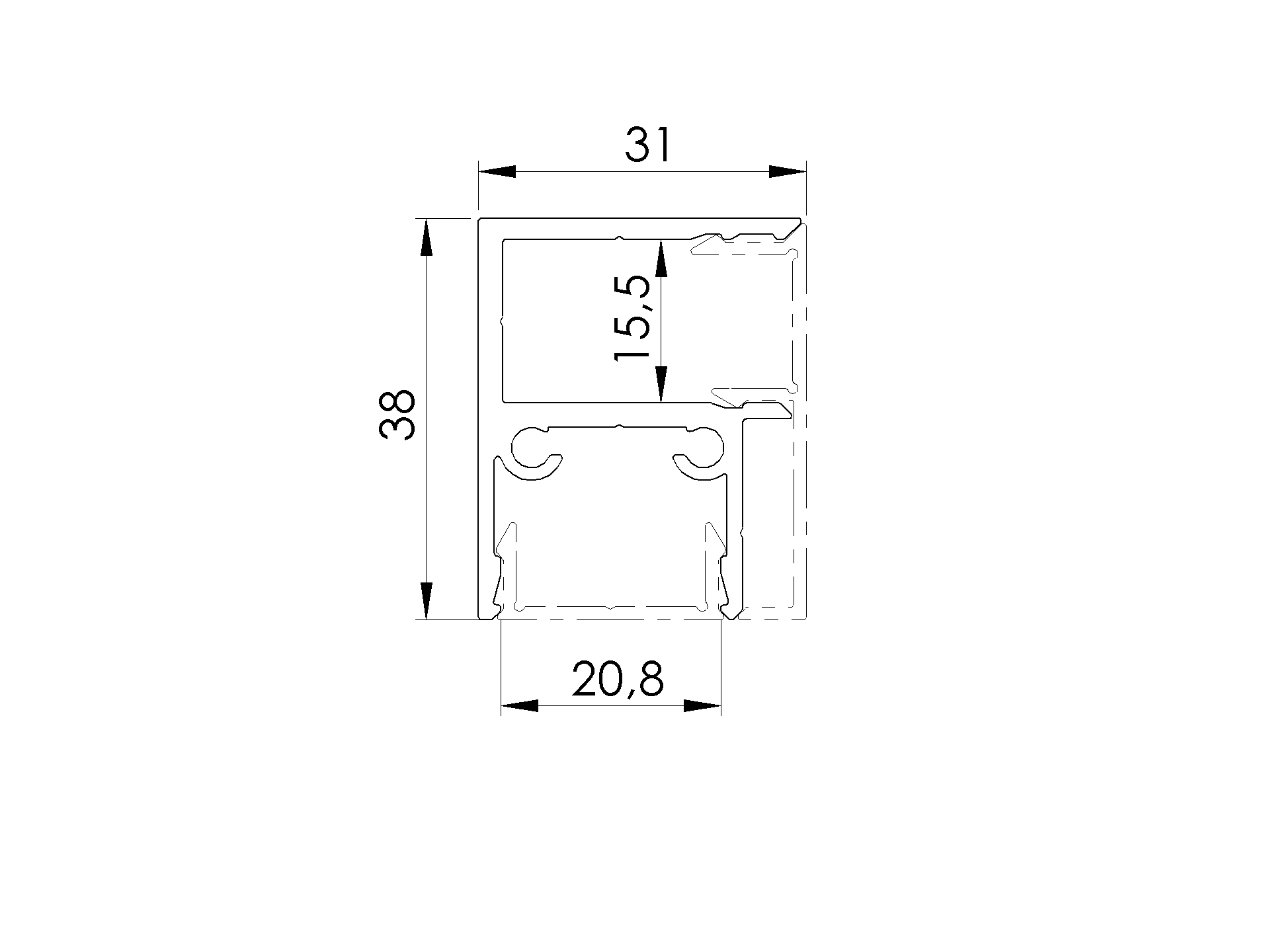 Aluminium Zaunadapter 38x31 mm fuer Glas 6-8 mm - Fuellungen 20 mm- 6000 mm- Satin Inox-89-11FGAS20G6000SVA-A.4