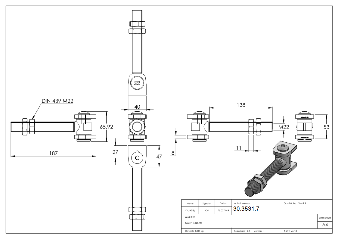 Torband M22 verstellbar Stahl -Roh- S235JR-30-3531.7