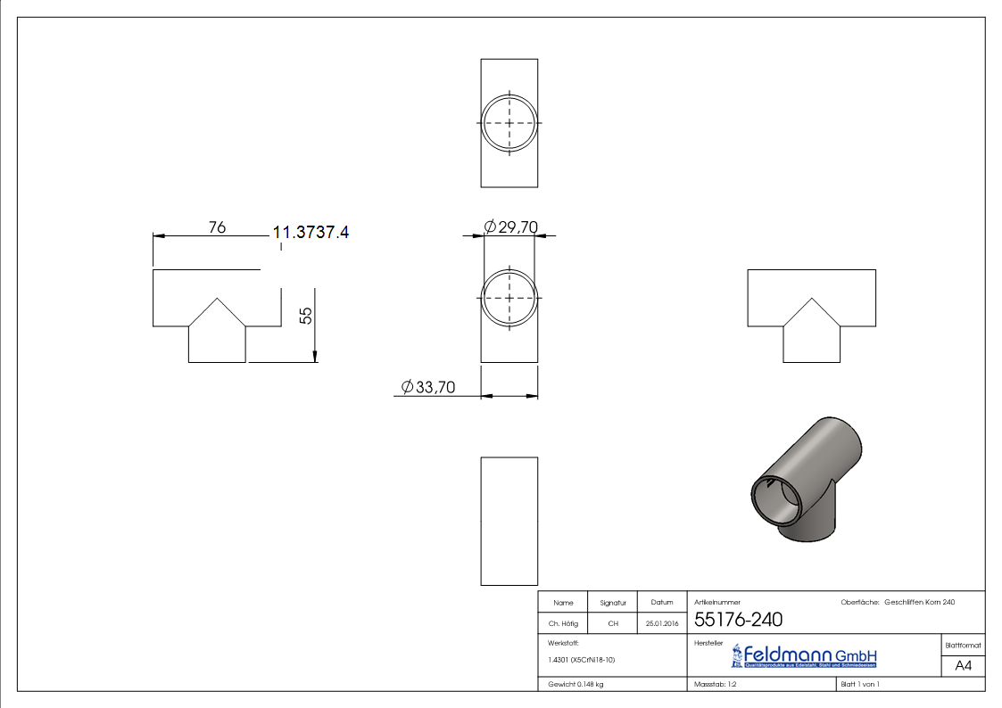 T-Stueck zum Schweissen fuer Rundrohr- Ø 33-7 mm V2A-11-3737.4