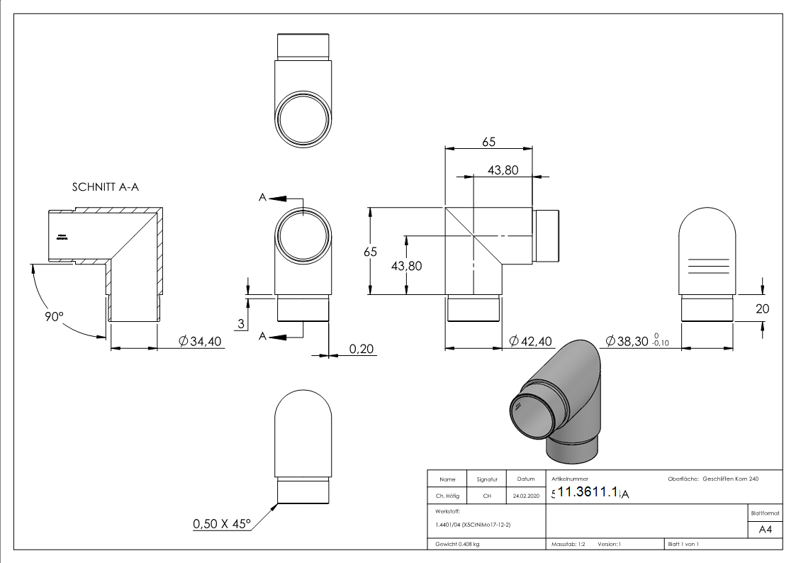 Rohrbogen V4A fuer Rohr Ø 42-4 x 2-0 mm 90° Steck-11-3611.1