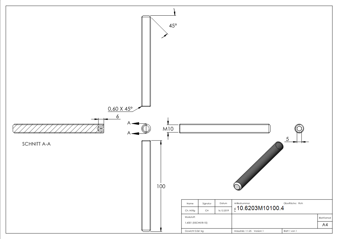 Gewindestift V2A M10x100 Innensechskant Kegelkuppe DIN 913-10-6203M10100.4