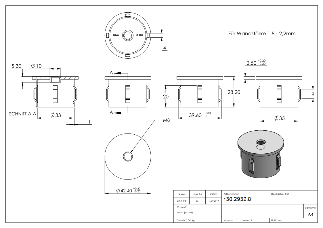 Stahlstopfen flach - mit M8 - fuer Rundrohr Ø 42-4x1-8-2-2 mm - Stahl S235JR- roh-30-2932.8