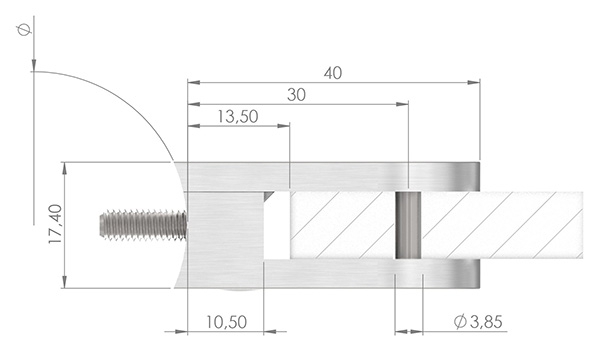 Glasklemme 40x28x17-4 mm Ø 33-7 mm- fuer 8-00 mm ESG Glas-10-MODELL16-3.7