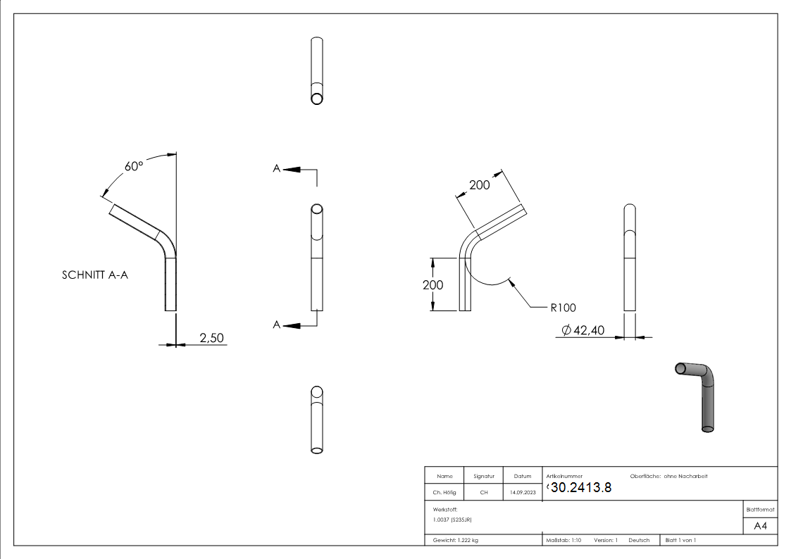 Rohrbogen 60° Stahl roh - 42-4 x 2-5 mm -1 ¼- - S235JR-30-2413.8