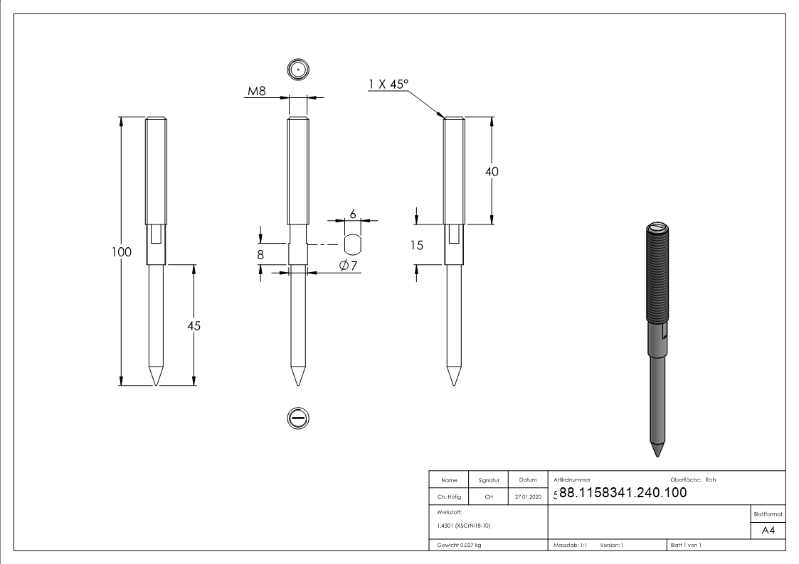 Stockschraube M8 x 100mm- A2-88-1158341-240.100
