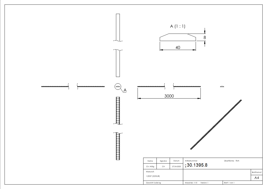 Flacheisen 40x8 mm 3000mm Stahl S235JR roh Universalprofil-30-1395.8