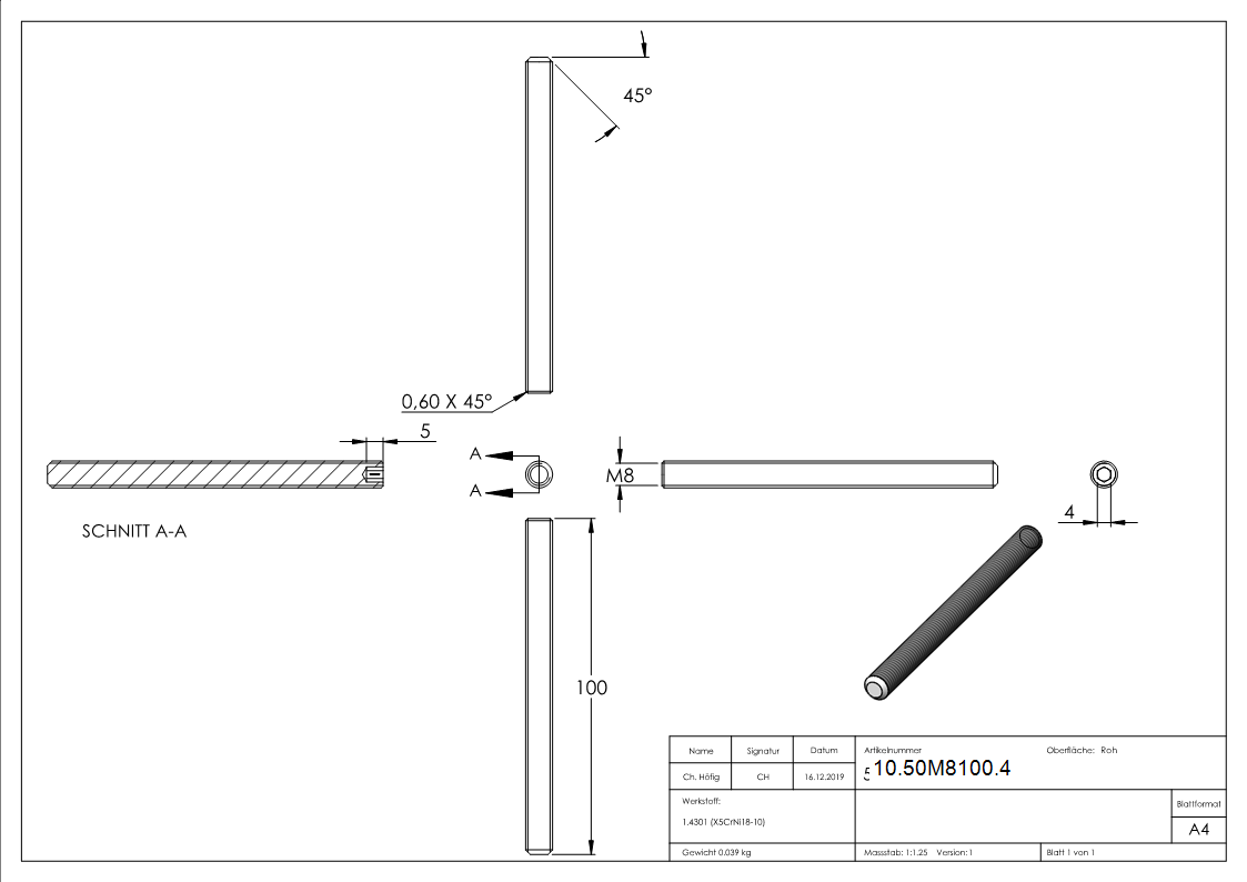 Gewindestift V2A M8x100 Innensechskant Kegelkuppe DIN 913-10-50M8100.4