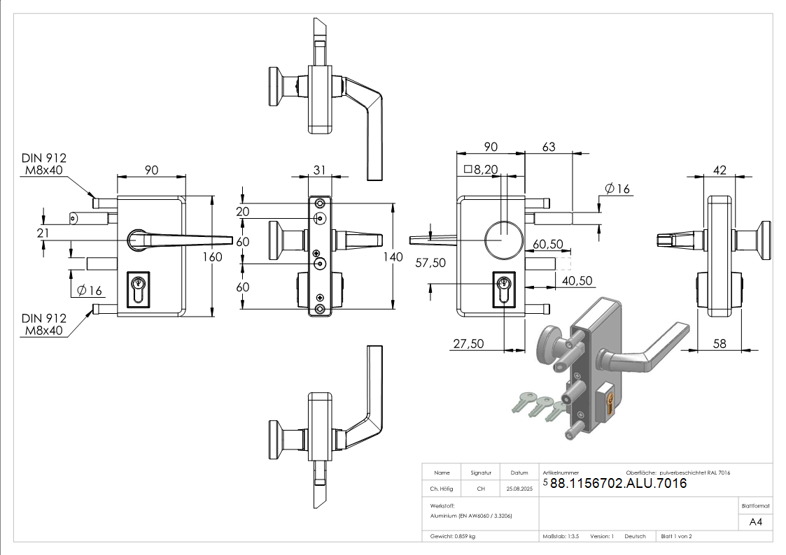 Gittertorschloss GTS 2 mit Anti-Panik-Funktion fuer Rohrstaerke 40-60mm- anthrazitgrau-88-1156702-ALU.7016
