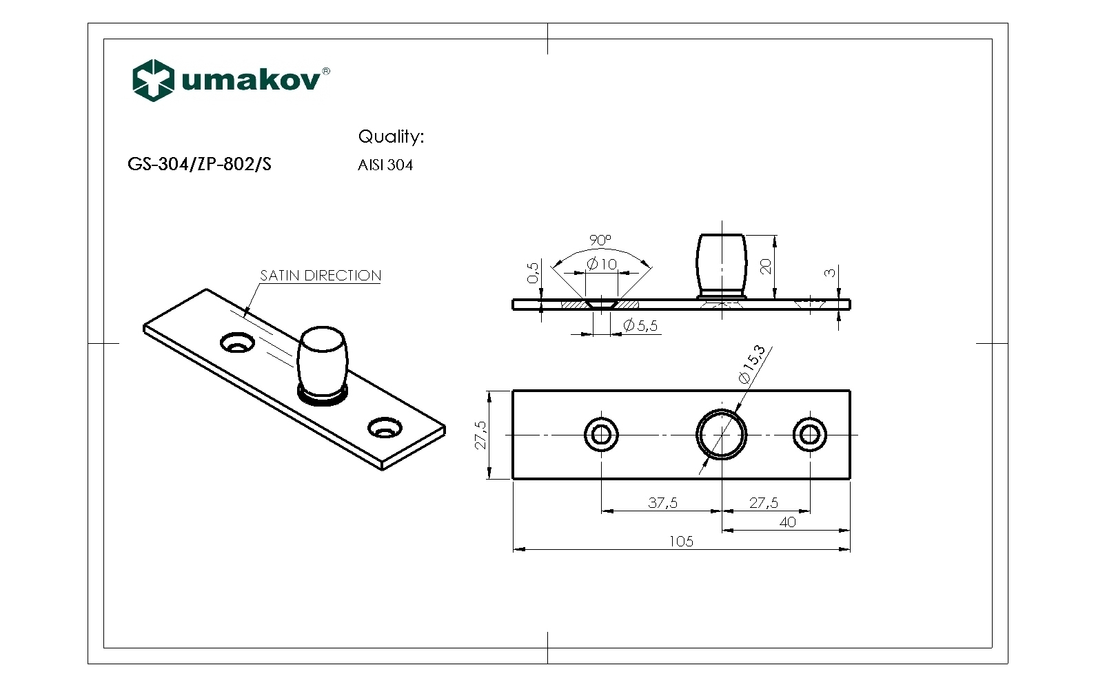 Edelstahl Drehpunktlager fuer oberes Scharnier- AISI 304 geschliffen-89-11GS304ZP802S-A.4
