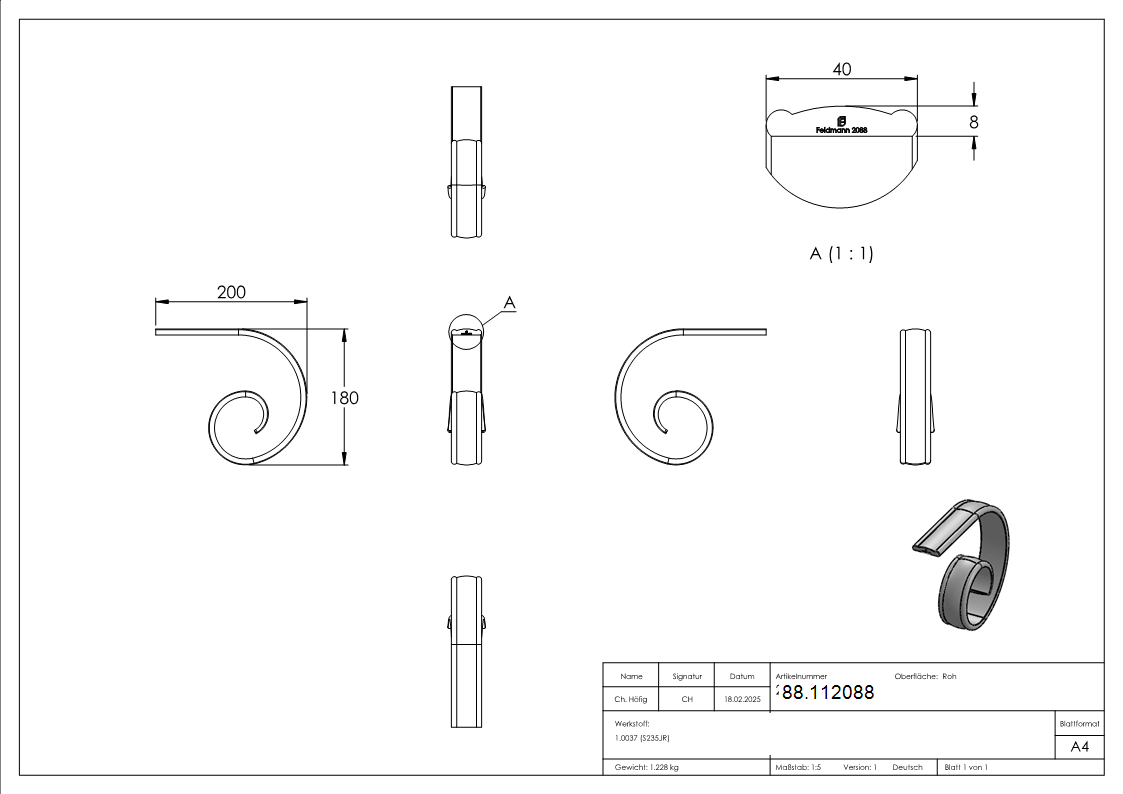 Handlaufanfaenger gerollt Stahl 200 x 180 mm passend zu 114-A-5-88.112088