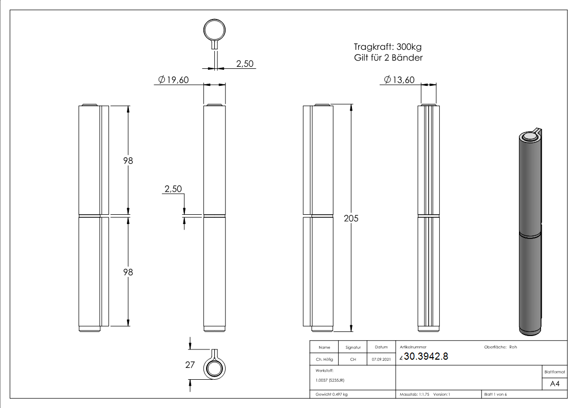 Anschweissband - 2-teilig - Tragkraft- 750kg - massiv - Stahl S235JR- roh-30-3942.8
